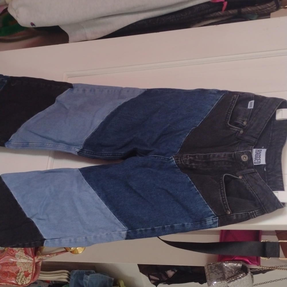 Women's Ragged Patchwork Jeans - Blue and Black, Size 26